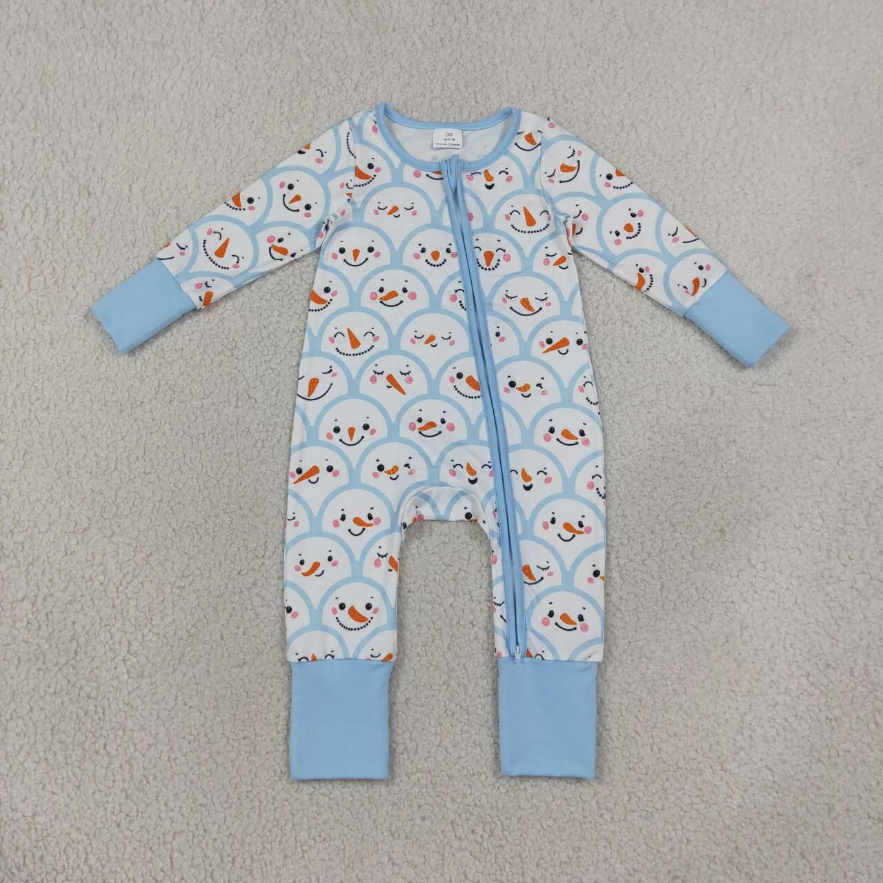LR3166 Snowman Smiling Blue Print Baby Boys Christmas Zipper Sleeper Romper