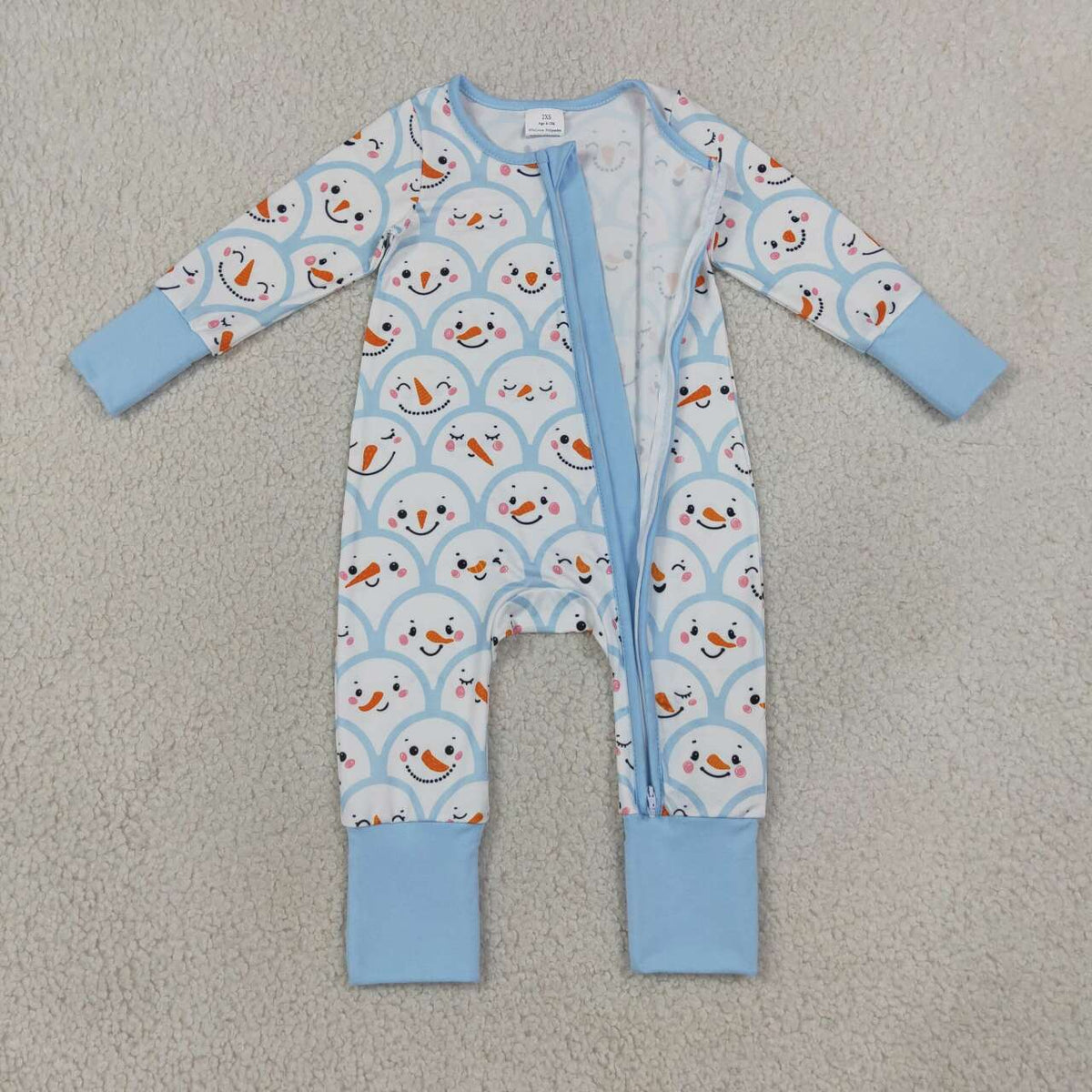 LR3166 Snowman Smiling Blue Print Baby Boys Christmas Zipper Sleeper Romper