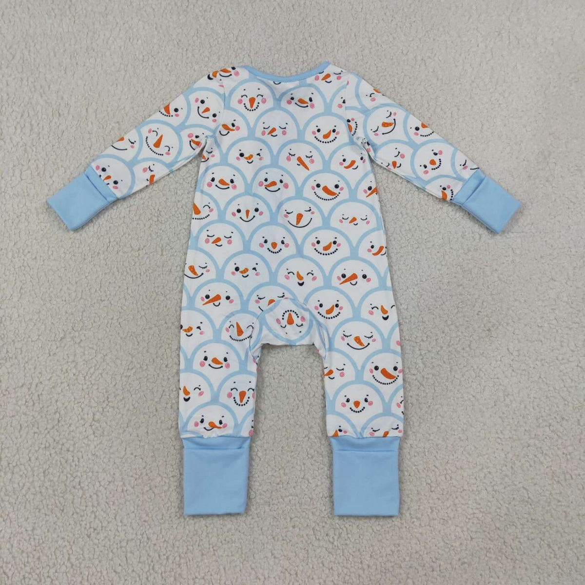 LR3166 Snowman Smiling Blue Print Baby Boys Christmas Zipper Sleeper Romper