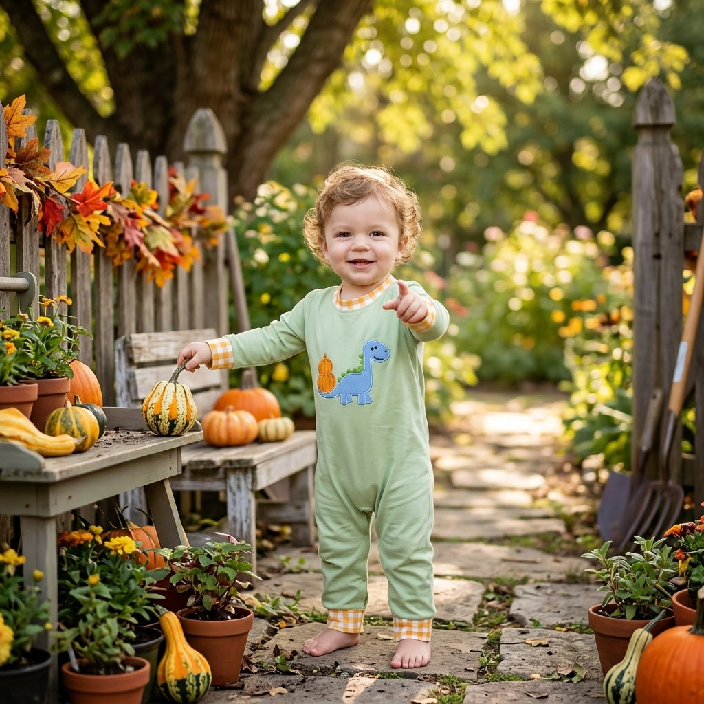 LR3168 Dino Pumpkin Embroidery Baby Boys Fall Romper