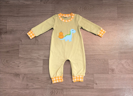 7.27 LR3168 Preorder Dino Pumpkin Print Baby Boys Fall Romper