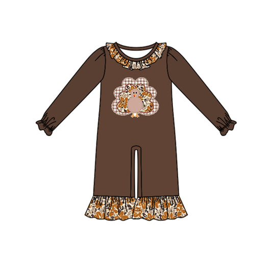 7.27 LR3169 Preorder Turkey Brown Print Baby Girls Thanksgiving Romper