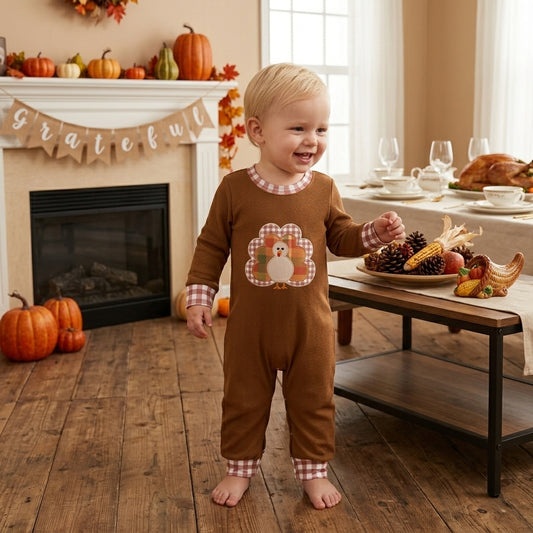 LR3170 Turkey Embroidery Brown Checkered Print Baby Boys Thanksgiving Romper
