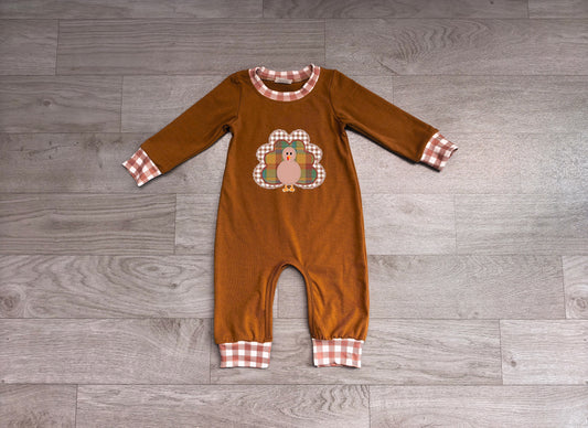 7.27 LR3170 Preorder Turkey Brown Print Baby Boys Thanksgiving Romper