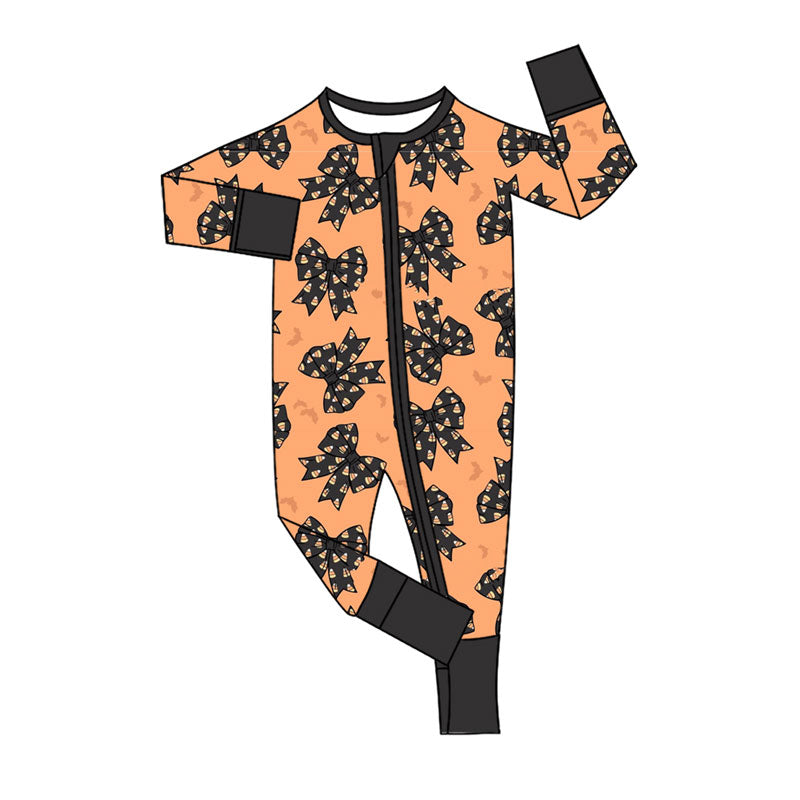 7.28 LR3171 Preorder Candy Bows Bat Baby Girls Halloween Long Sleeve Zipper Sleeper Romper