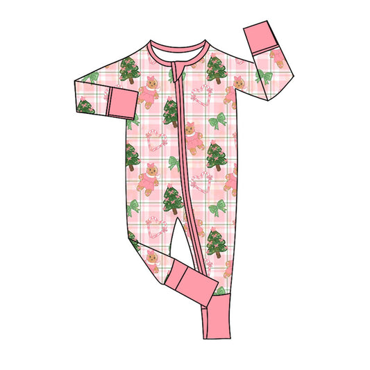 7.28 LR3172 Preorder Gingerbread Tree Bows Checkered Baby Girls Christmas Long Sleeve Zipper Sleeper Romper
