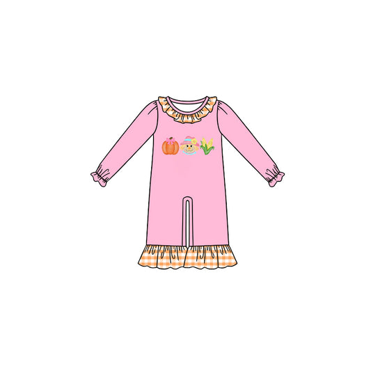 7.29 LR3174 Preorder Pumpkin Scarecrow Corn Pink Print Baby Girls Fall Romper