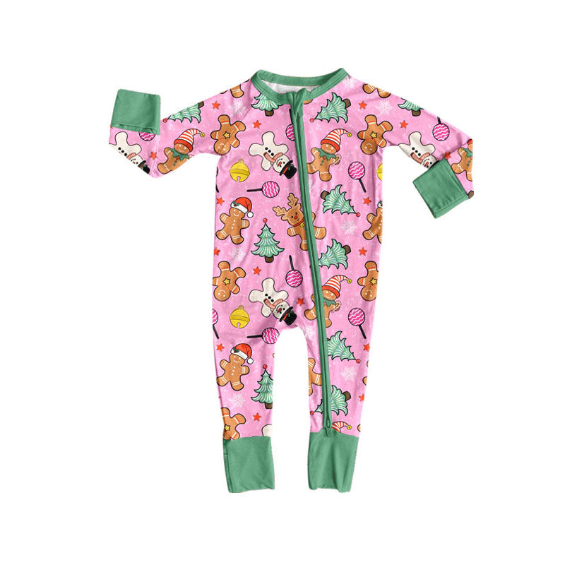 7.29 LR3177 Preorder Gingerbread Candy Pink Baby Girls Christmas Long Sleeve Zipper Sleeper Romper