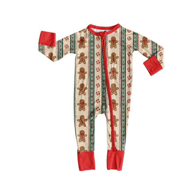 7.29 LR3179 Preorder Gingerbread Holly Candy Bows Baby Girls Christmas Long Sleeve Zipper Sleeper Romper