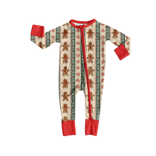 7.29 LR3179 Preorder Gingerbread Holly Candy Bows Baby Girls Christmas Long Sleeve Zipper Sleeper Romper