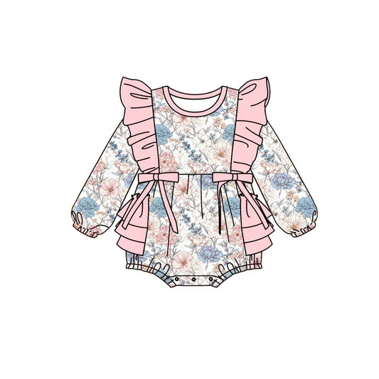 7.29 LR3182 Preorder Pink Blue Flowers Print Baby Girls Ruffle Romper