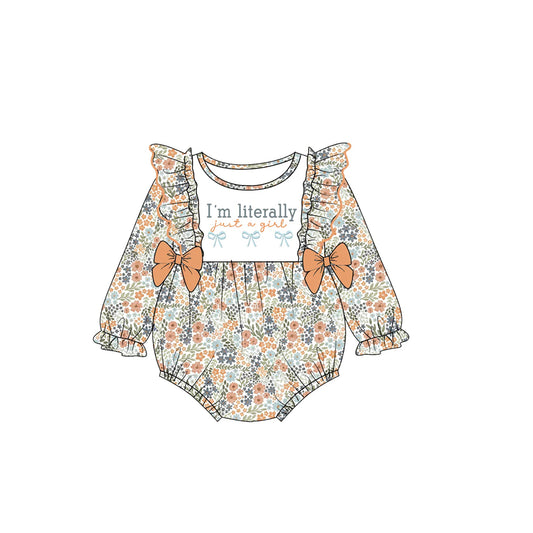 7.29 LR3184 Preorder Just A Girl Bows Flowers Print Baby Girls Romper