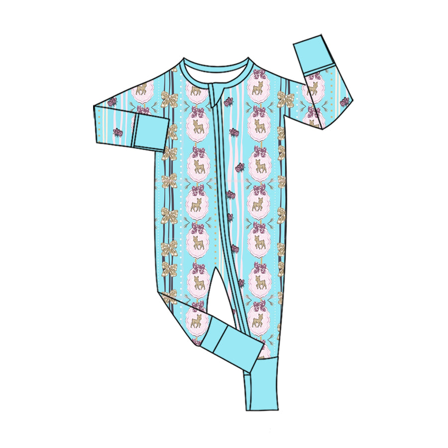7.30   Preorder Baby Girls Deer  Christmas Blue Long Sleeve Zipper Romper