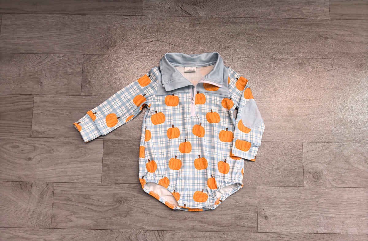 7.31 LR3201 Preorder Pumpkin Checkered Blue Baby Boys Fall Long Sleeve Zipper Romper