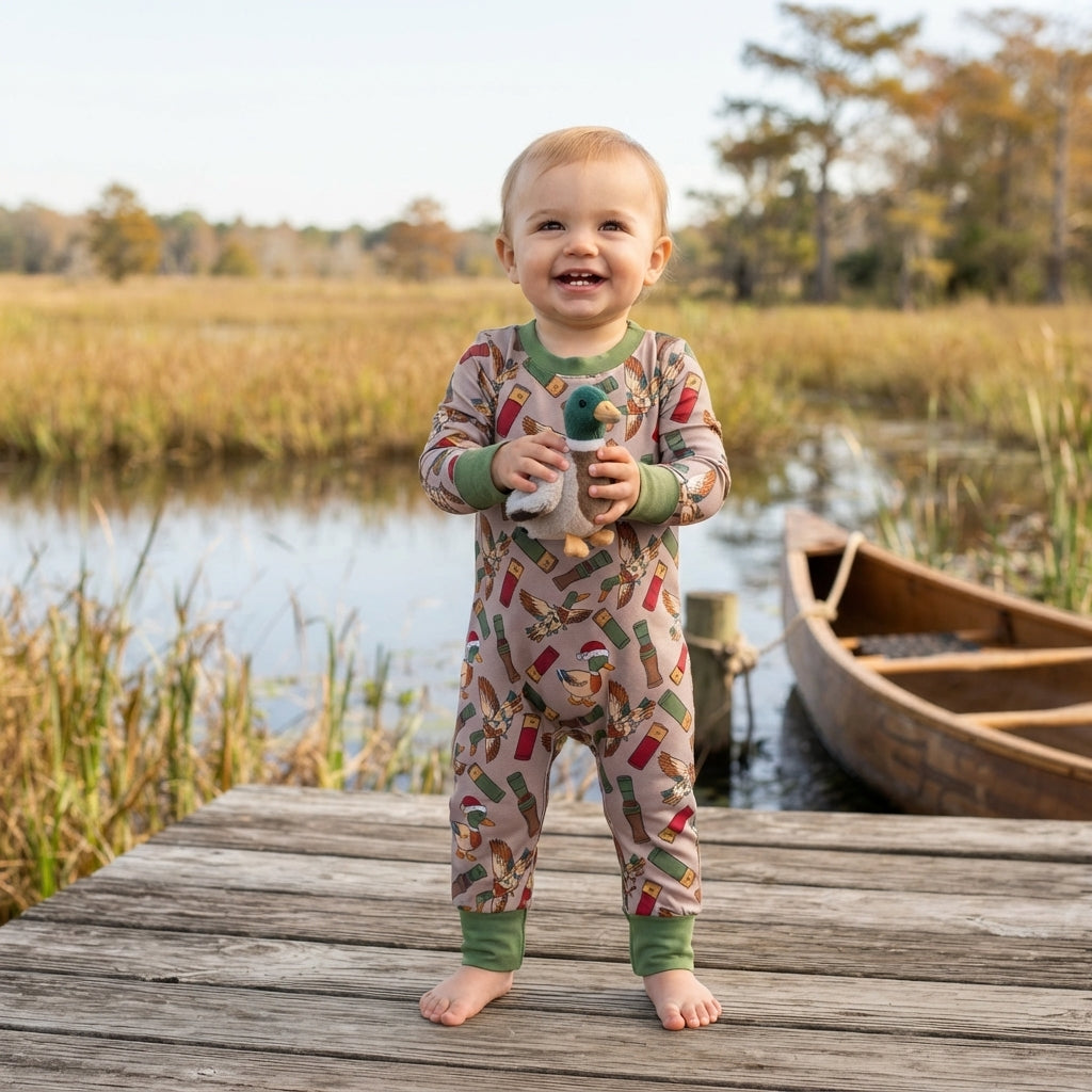 LR3209 Duck Call Lights Print Baby Boys Christmas Romper