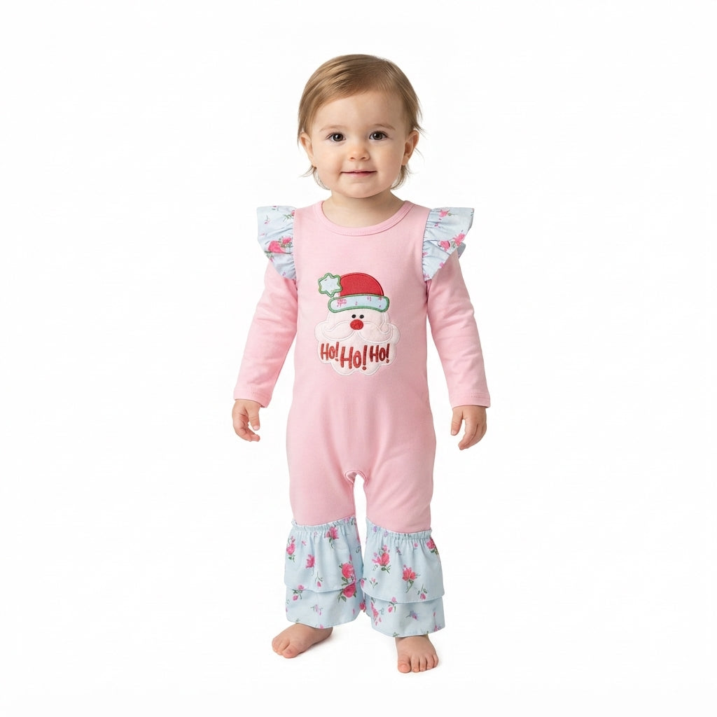 LR3215 HOHOHO Santa Embroidery Pink Baby Girls Christmas Ruffle Romper