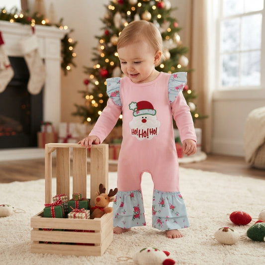 LR3215 HOHOHO Santa Embroidery Pink Baby Girls Christmas Ruffle Romper