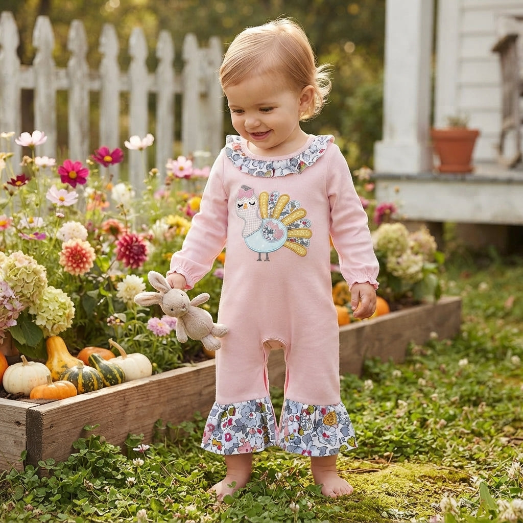 LR3216 Floral Turkey Embroidery Baby Girls Thanksgiving Long Sleeve Romper