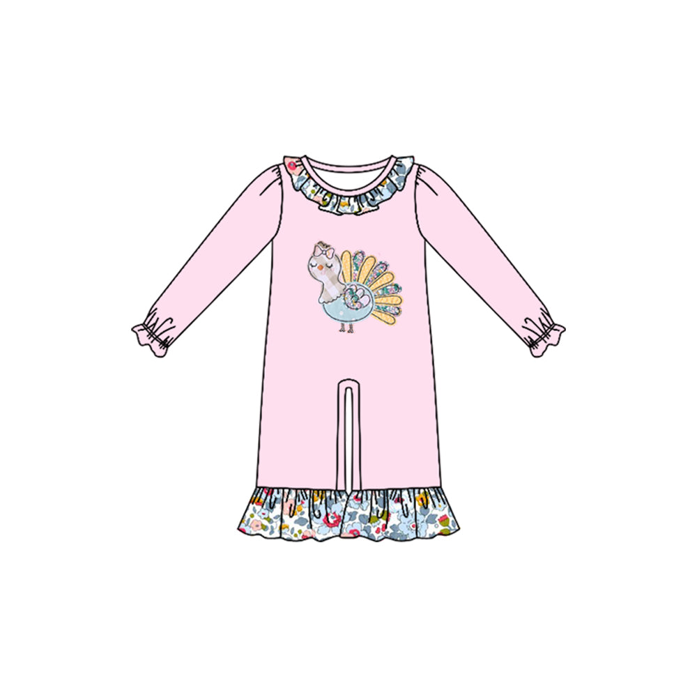 7.31 Preorder Baby Girls Thankgving Floral Turkey Long Sleeve Romper