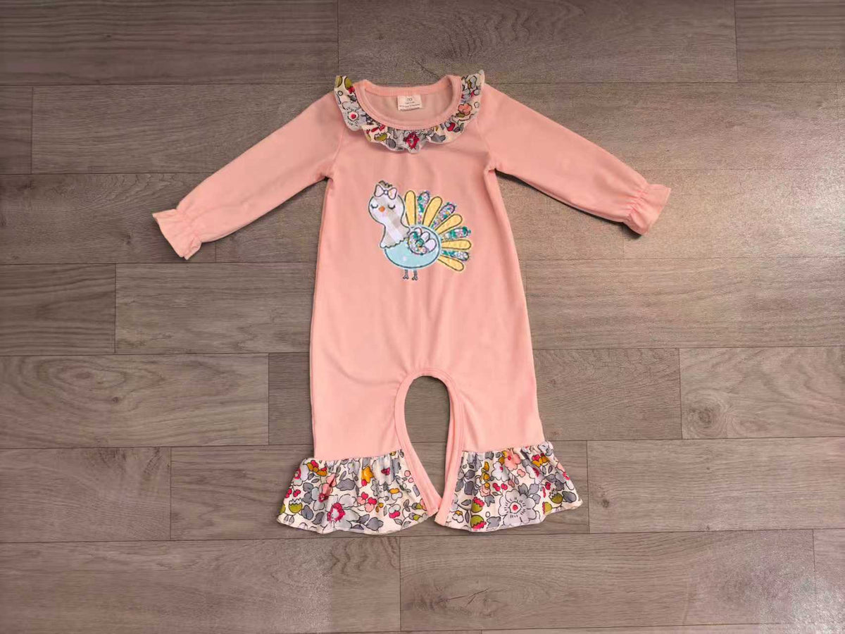 7.31 Preorder Baby Girls Thankgving Floral Turkey Long Sleeve Romper