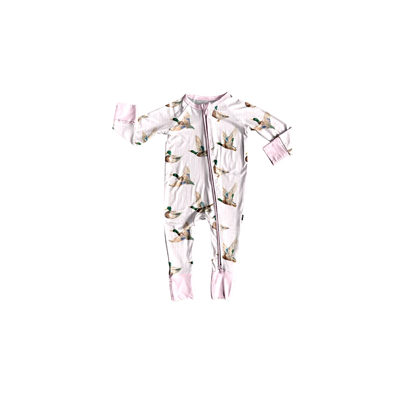 7.31 Preorder Baby Girls Mallard Duck Pink Striped Long Sleeve Zipper Romper