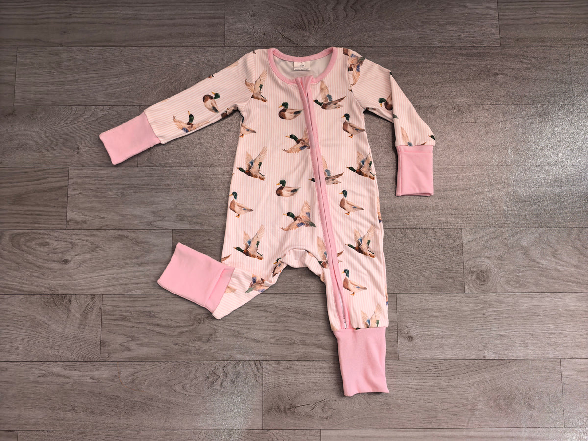 7.31 Preorder Baby Girls Mallard Duck Pink Striped Long Sleeve Zipper Romper