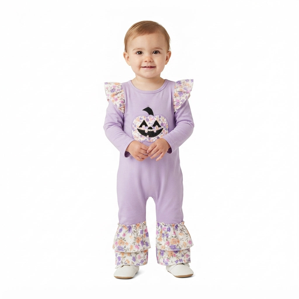 LR3221 Pumpkin Embroidery Floral Purple Baby Girls Halloween Ruffle Romper