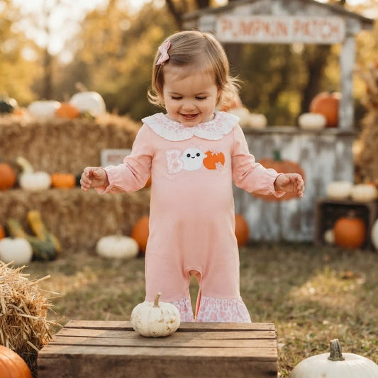 LR3223 Boo Ghost Pumpkin Embroidery Pink Leopard Print Baby Girls Halloween Ruffle Romper