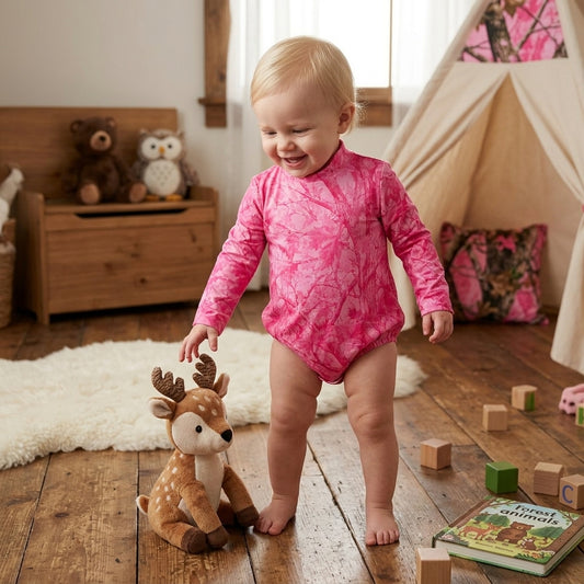 LR3224 Pink Branch Print Baby Girls Mock Neck Long Sleeve Bubble Romper