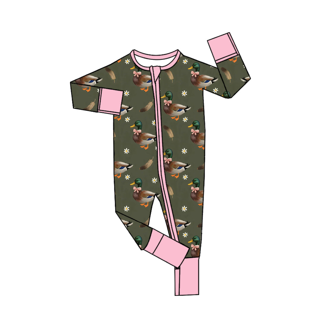 8.6 LR3225 Preorder Duck Flowers Baby Girls Long Sleeve Zipper Sleeper Romper