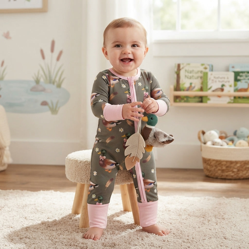 LR3225 Duck Flowers Baby Girls Long Sleeve Zipper Sleeper Romper