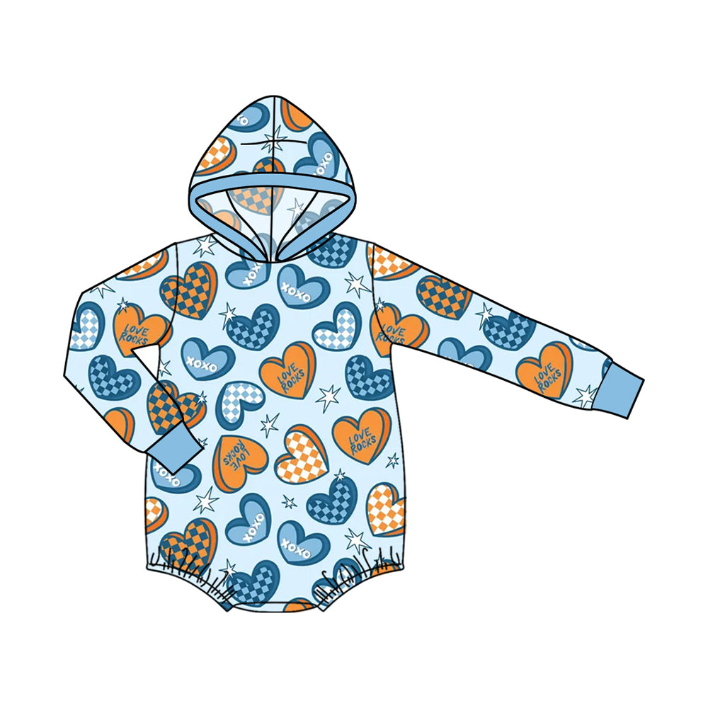 8.6 LR3229 Preorder Hearts Blue XOXO Print Baby Boys Valentine's Day Hoodie Romper