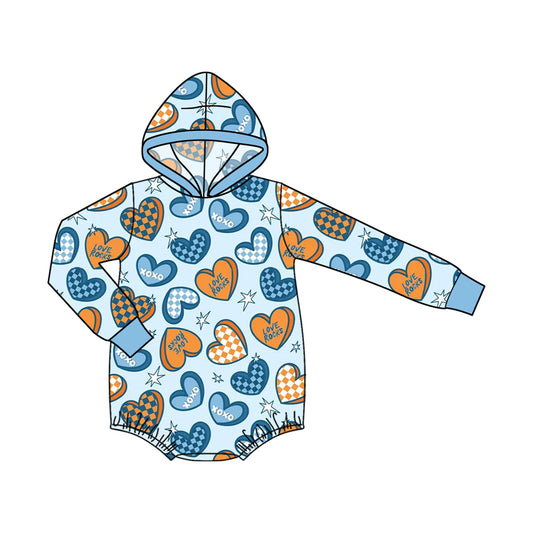 8.6 LR3229 Preorder Hearts Blue XOXO Print Baby Boys Valentine's Day Hoodie Romper