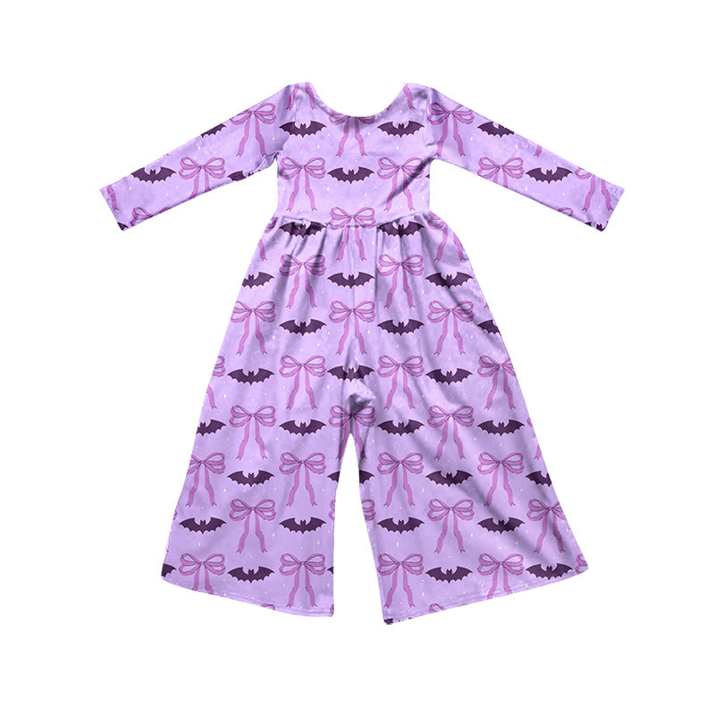 8.6 LR3230 Preorder Bat Bows Purple Print Girls Halloween Straight Jumpsuits