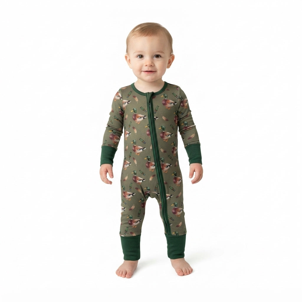 LR3232 Baby Boys Mallard Duck Long Sleeve Zipper Sleeper Romper