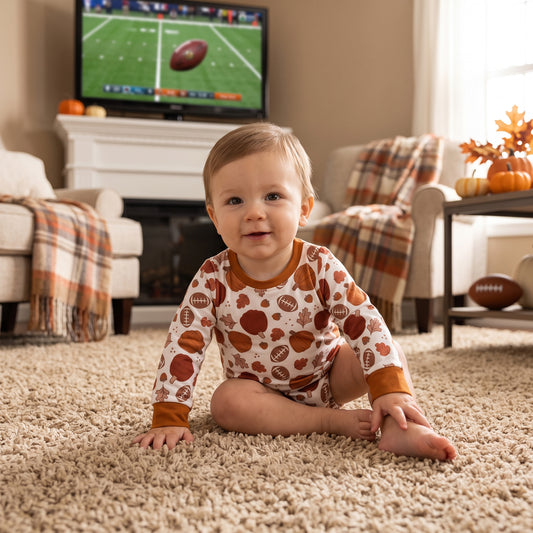 LR3235 Football Pumpkin Leaf Baby Boys Long Sleeve Bubble Romper