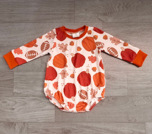8.6  Preorder Baby Boys Fall Pumokin Football  Long Sleeve Bubble Romper