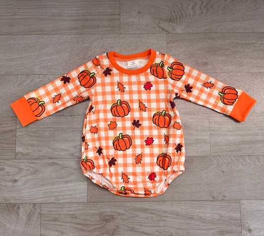 8.6  Preorder Baby Boys Fall Pumokin Gingham Long Sleeve Bubble Romper