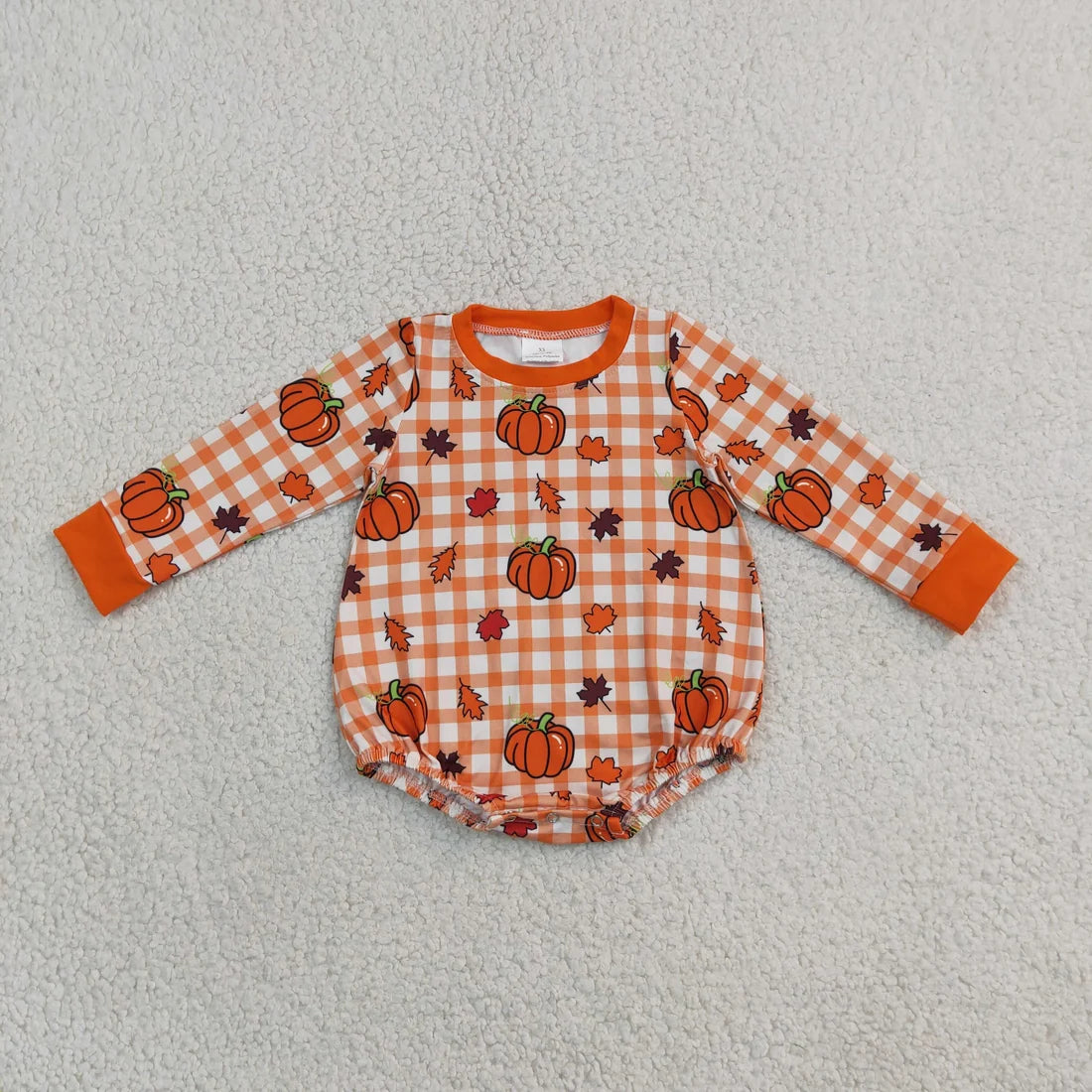 Sibling Baby Boys  Fall Pumpkin Orange Checked Outfit and Romper