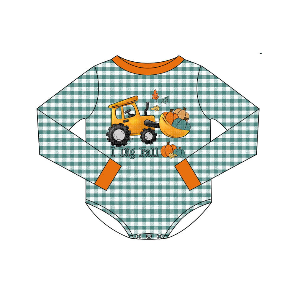 8.6  Preorder Baby Boys Green Gingham Tractor Pumpkin "I Dig Fall" Print Infant Thanksgiving Romper