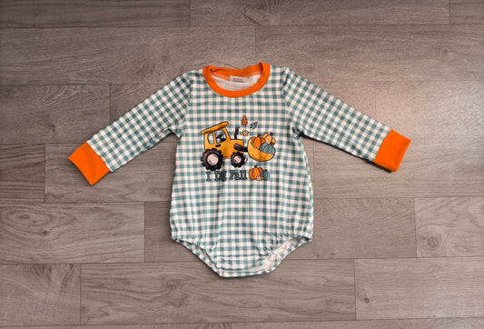 8.6 LR3237 Preorder Baby Boys Green Gingham Tractor Pumpkin "I Dig Fall" Print Infant Thanksgiving Romper