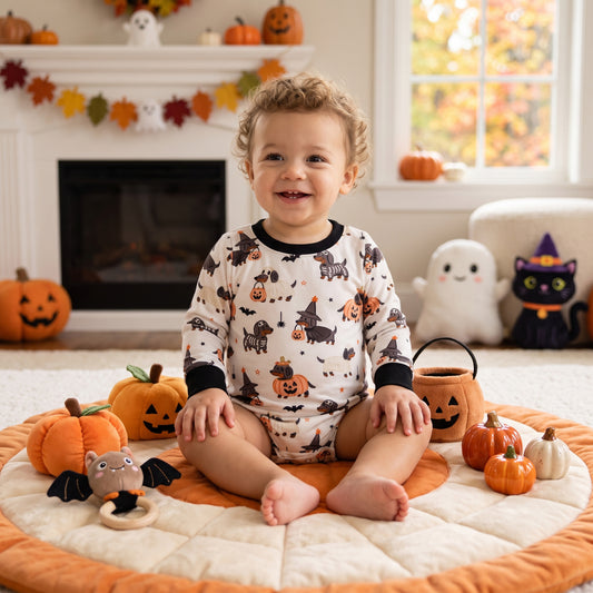LR3238 Dog Pumpkin Bat Print Baby Boys Halloween Romper