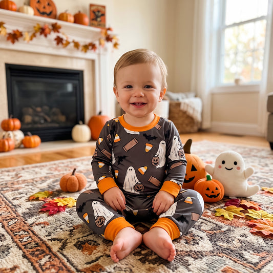 LR3241 Ghost Bat Candy Baby Boys Halloween Long Sleeve Romper