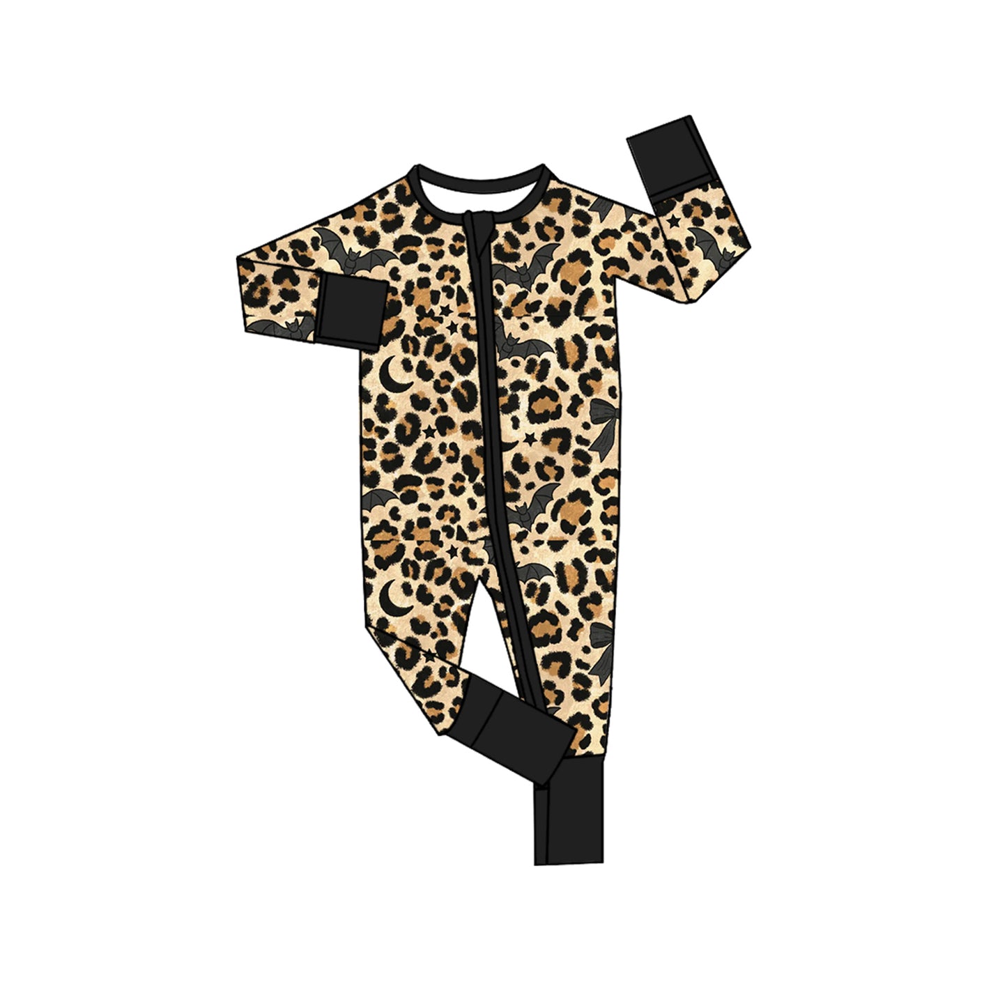 8.7 LR3242 Preorder Bat Leopard Baby Girls Halloween Long Sleeve Zipper Sleeper Romper