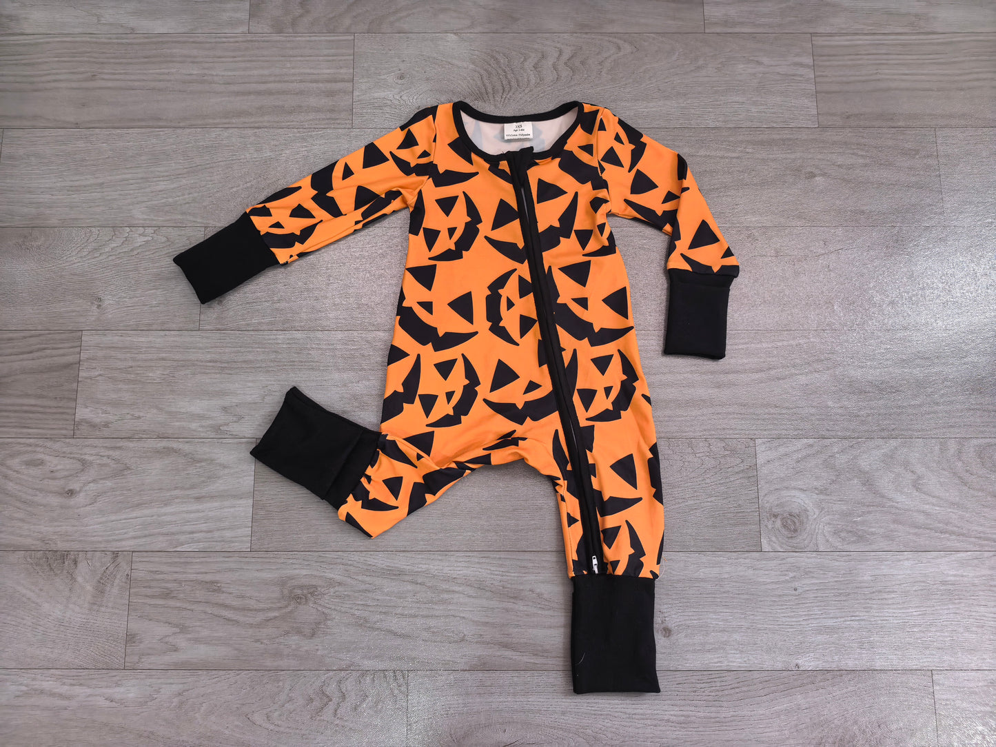 LR3243 Preorder Smiling Orange Print Baby Halloween Sleeper Zipper Romper