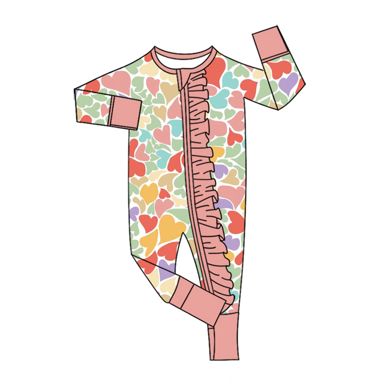 8.7 LR3248 Preorder Colorful Hearts Baby Girls Valentine's Day Long Sleeve Zipper Romper