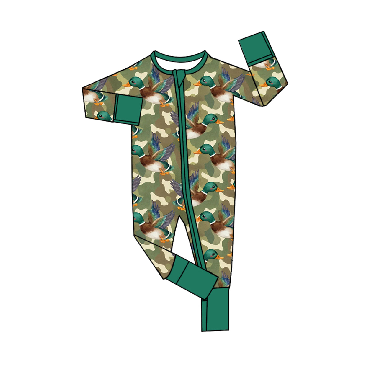 8.8 LR3249 Preorder Duck Green Camo Print Baby Long Sleeve Zipper Sleeper Romper