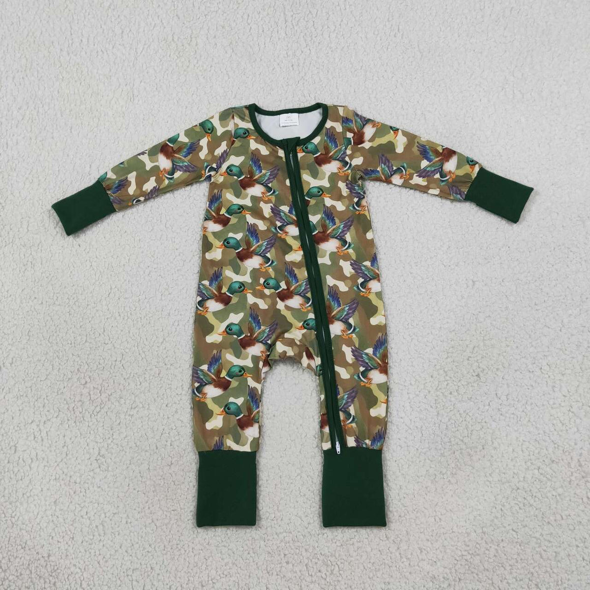 LR3249 Duck Green Camo Print Baby Boys Long Sleeve Zipper Sleeper Romper