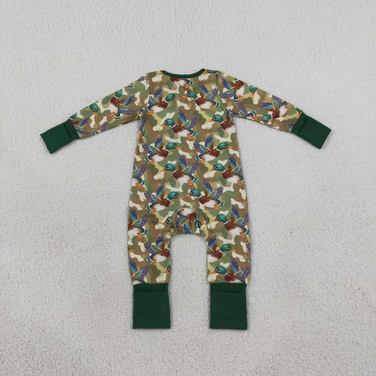 LR3249 Duck Green Camo Print Baby Boys Long Sleeve Zipper Sleeper Romper
