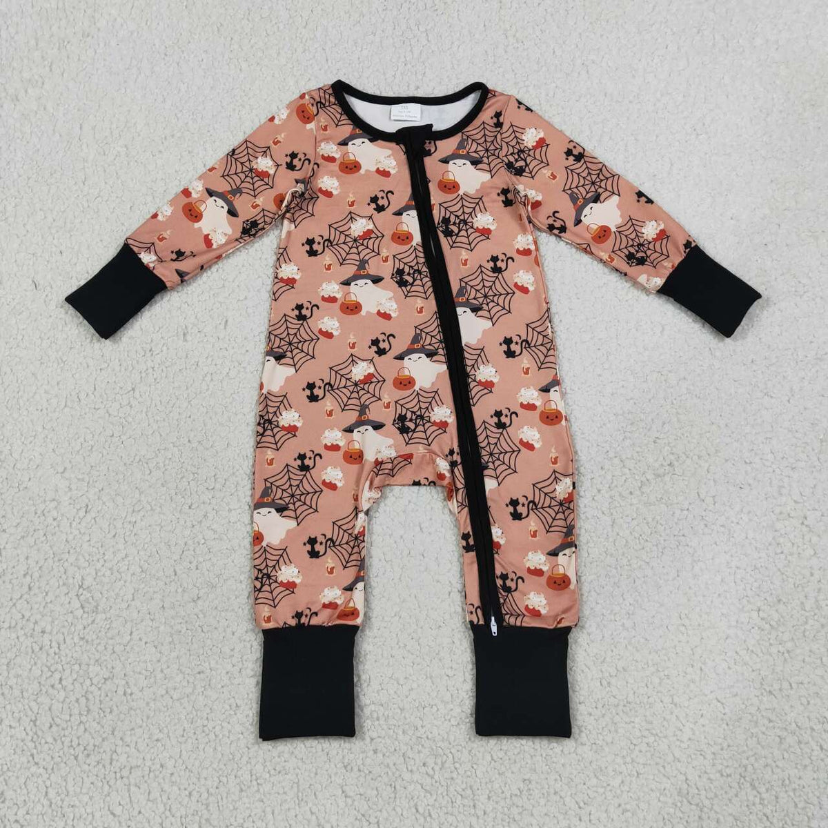 LR3250 Ghost Web Print Baby Halloween Long Sleeve Zipper Sleeper Romper